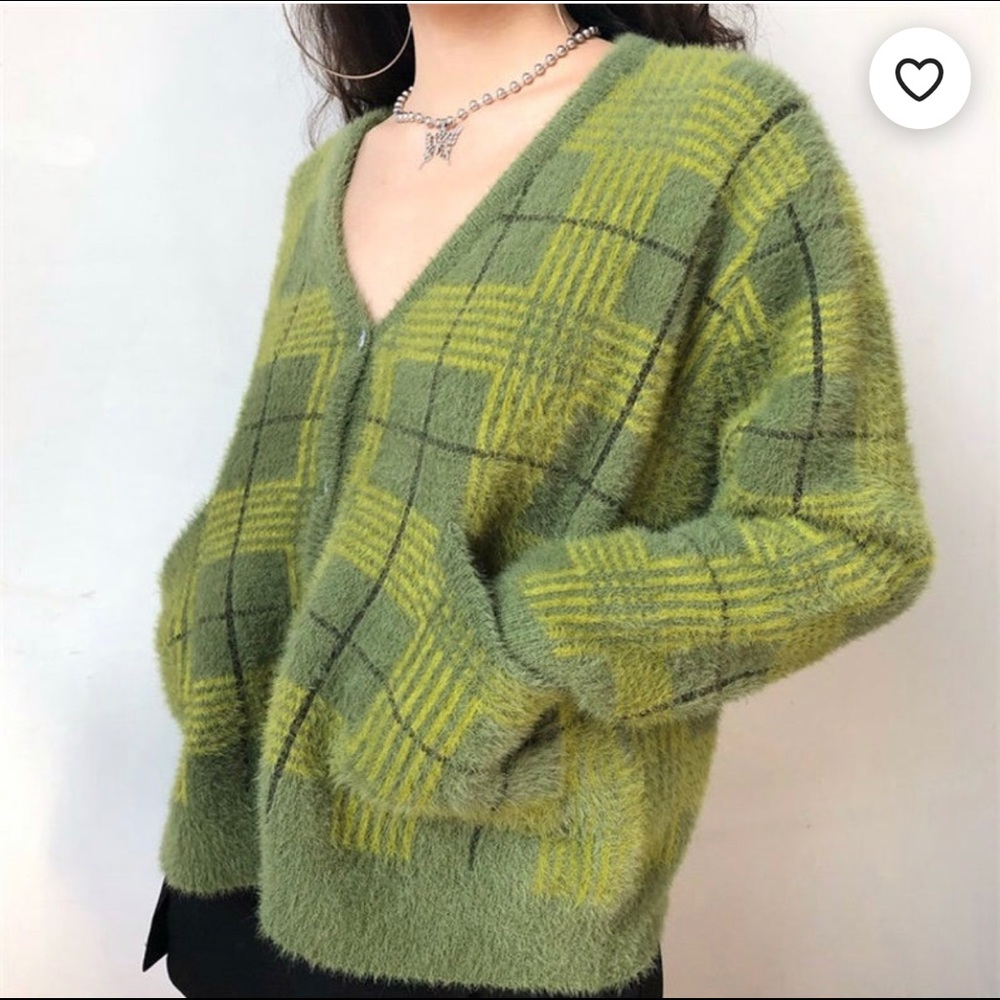 Fuzzy Green Plaid Cardigan